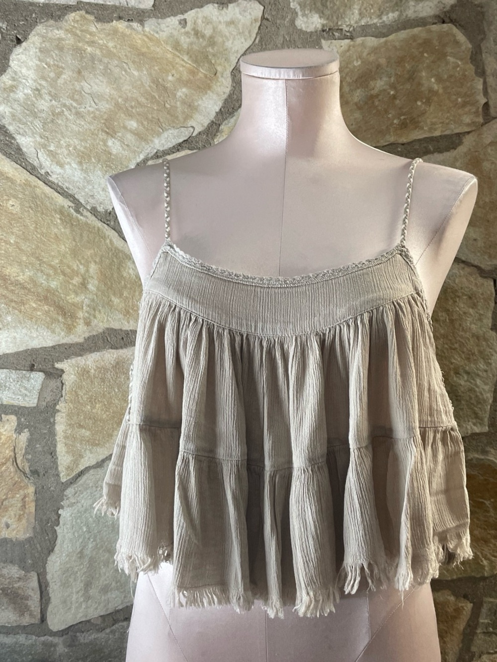 Aerie Taupe Gauze Boho Crop Top Braided Strap Side Tie Small